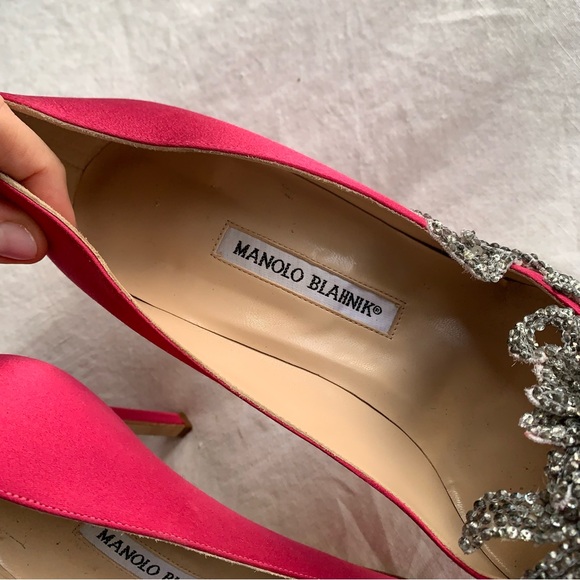 Manolo Blahnik Swan Embellished Satin Pump Heels Silver Sequin Hot Pink Fuschia - Picture 7 of 11